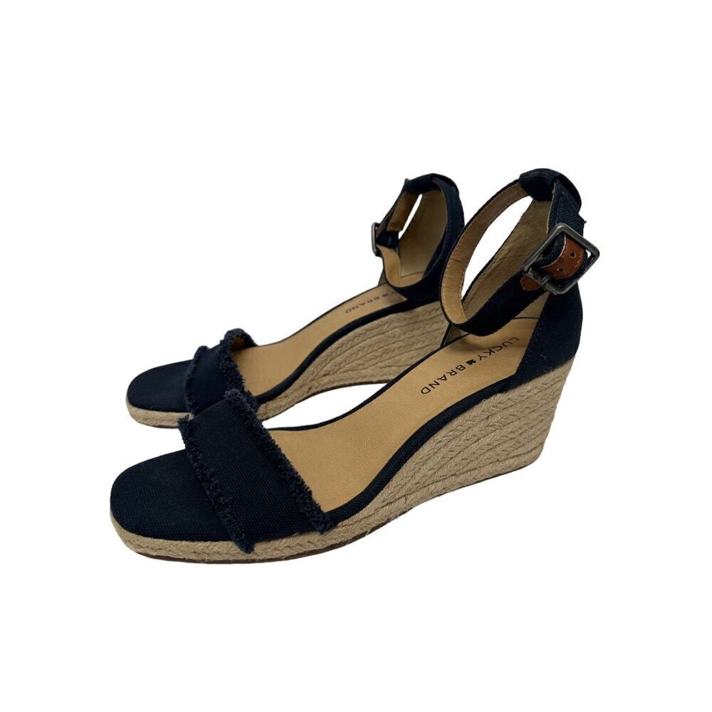 Lucky Brand Navy Blue Canvas Espadrille 3 Inch Wedge Sandals Size 9